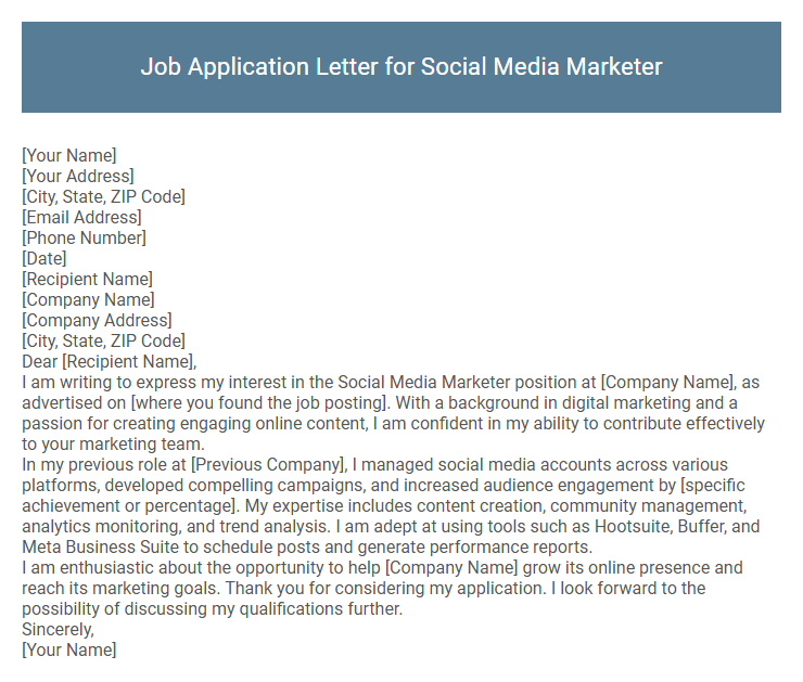 Job Application Letter for Social Media Marketer