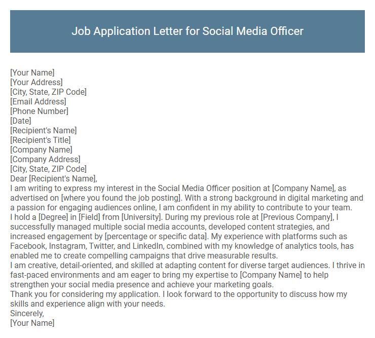 Job Application Letter for Social Media Officer
