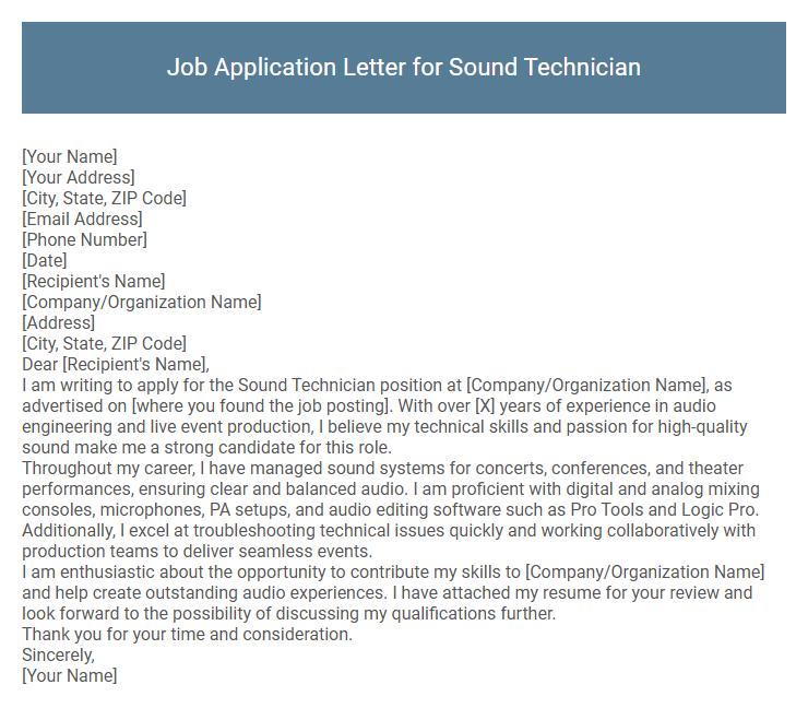 Job Application Letter for Sound Technician