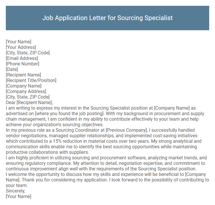 Job Application Letter for Sourcing Specialist