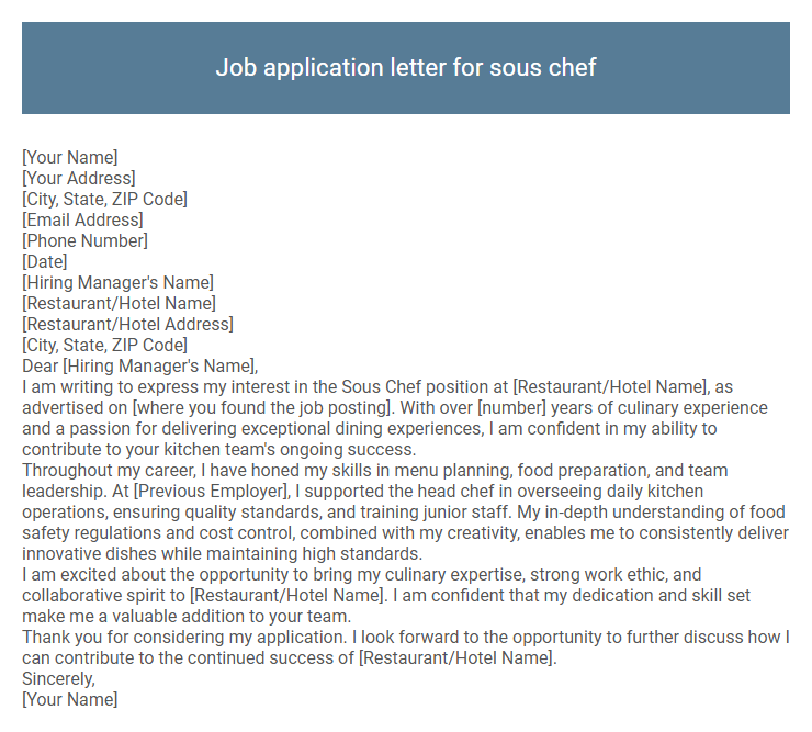 Job application letter for sous chef
