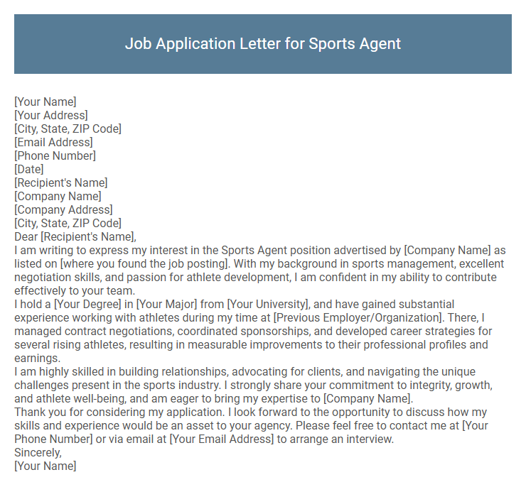 Job Application Letter for Sports Agent