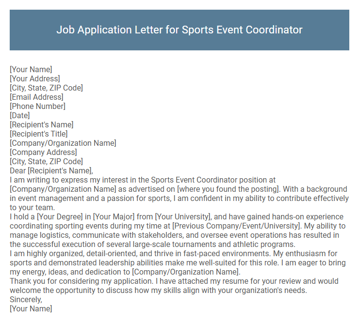 Job Application Letter for Sports Event Coordinator