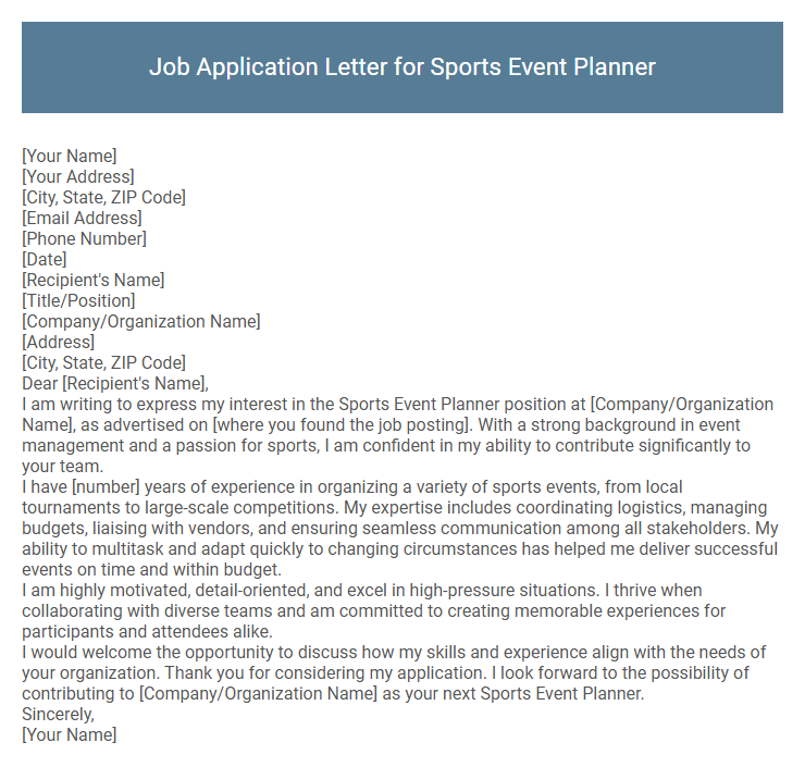 Job Application Letter for Sports Event Planner