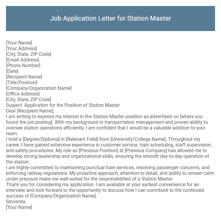 Job Application Letter for Station Master