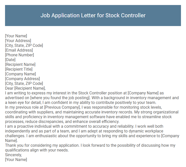 Job Application Letter for Stock Controller