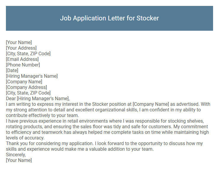 Job Application Letter for Stocker