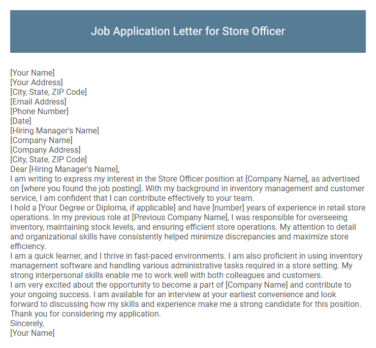 Job Application Letter for Store Officer