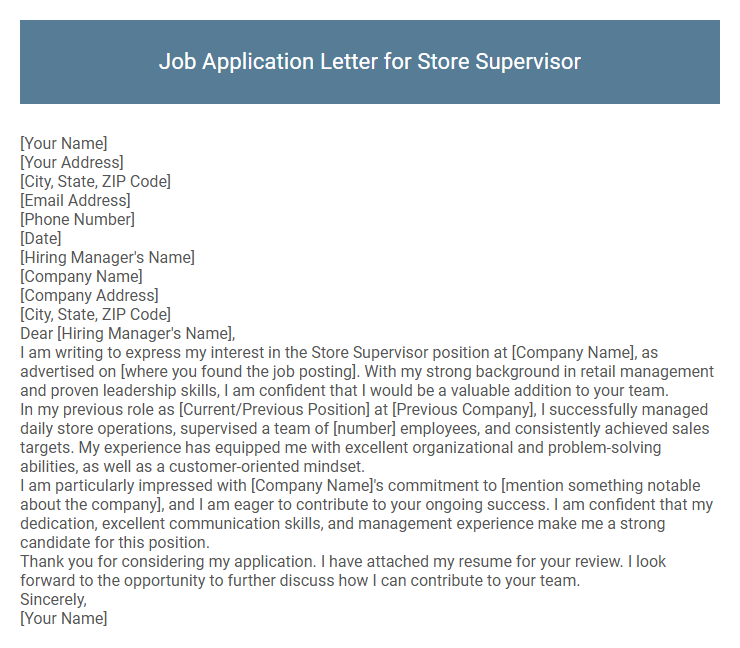 Job Application Letter for Store Supervisor