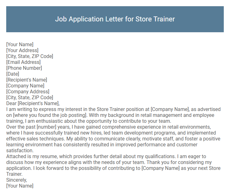 Job Application Letter for Store Trainer