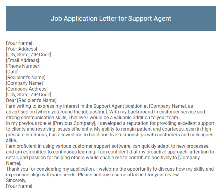 Job Application Letter for Support Agent