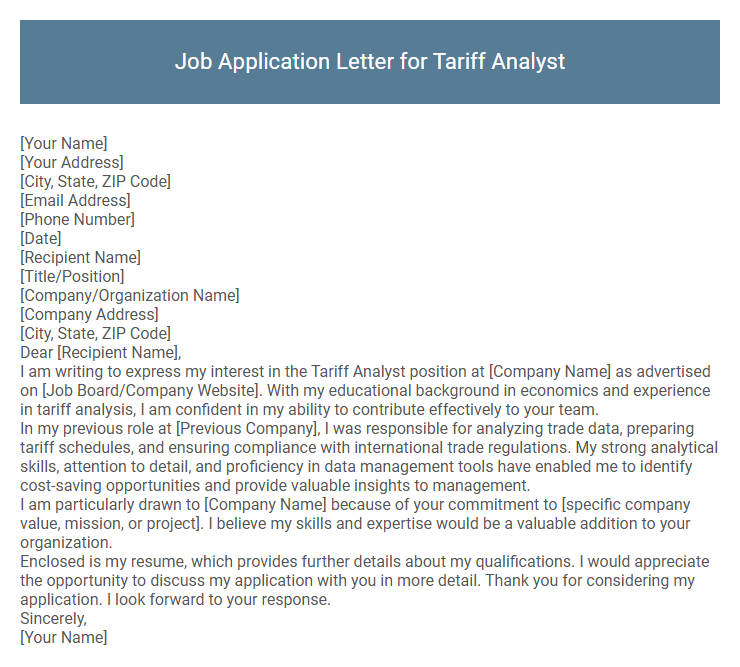 Job Application Letter for Tariff Analyst