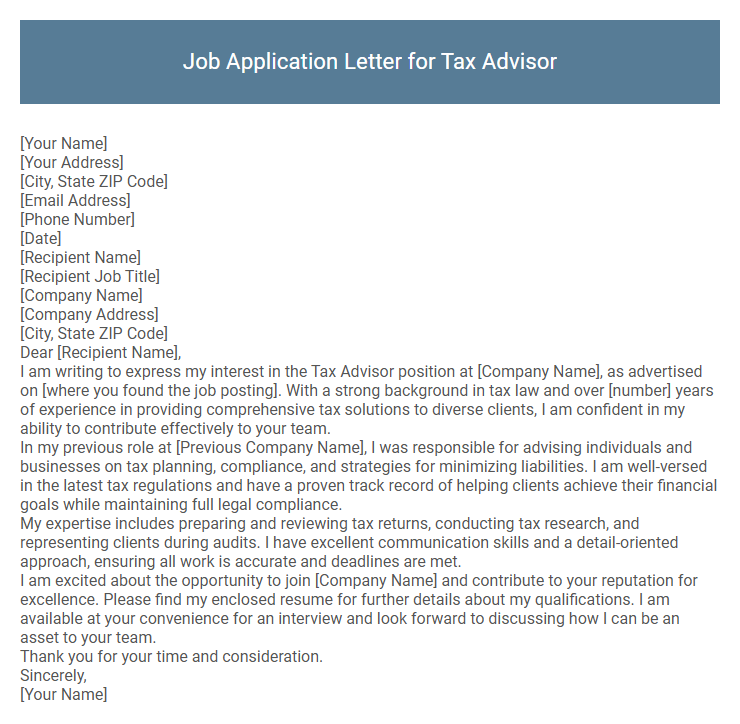 Job Application Letter for Tax Advisor