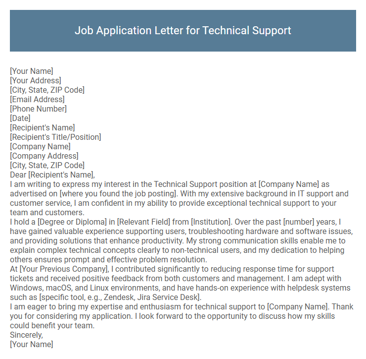 Job Application Letter for Technical Support