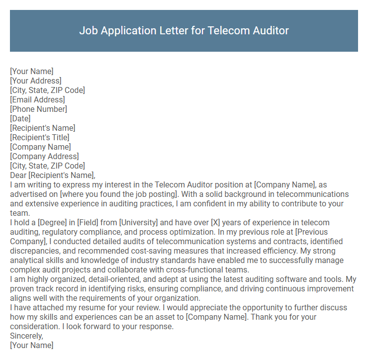 Job Application Letter for Telecom Auditor