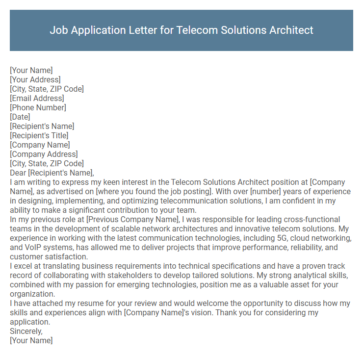 Job Application Letter for Telecom Solutions Architect