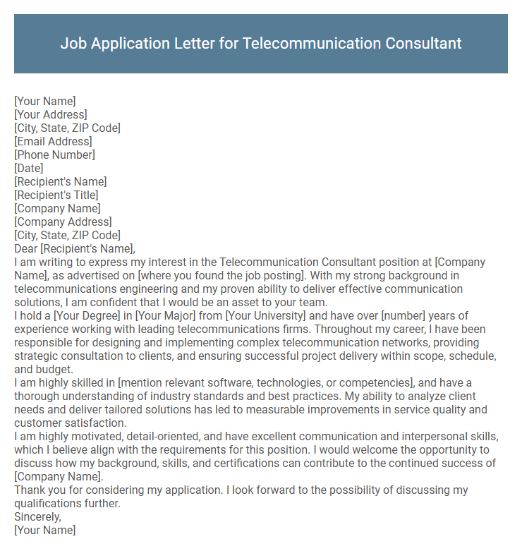 Job Application Letter for Telecommunication Consultant