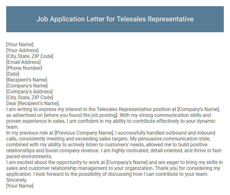 Job Application Letter for Telesales Representative