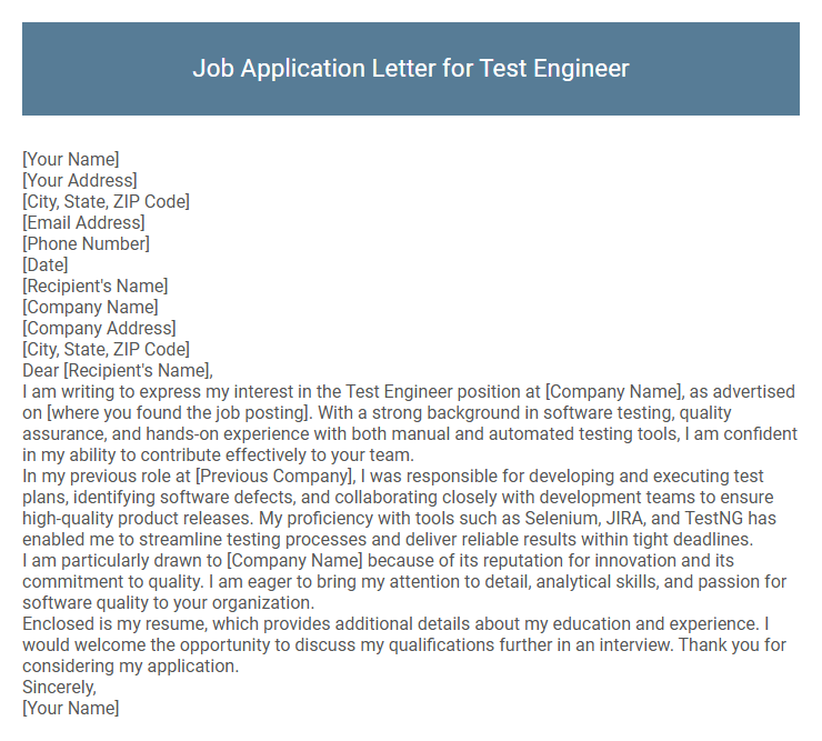 Job Application Letter for Test Engineer