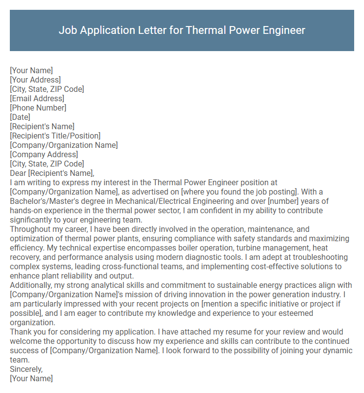 Job Application Letter for Thermal Power Engineer