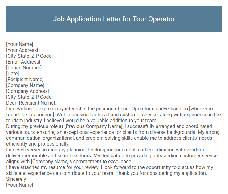 Job Application Letter for Tour Operator