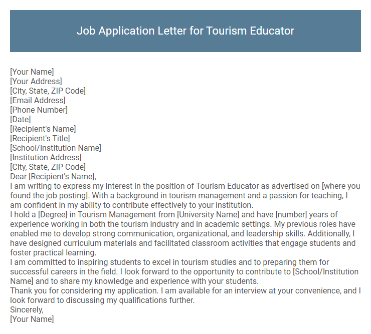 Job Application Letter for Tourism Educator