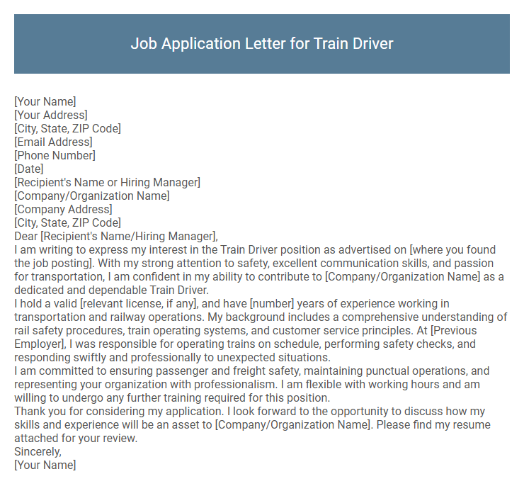 Job Application Letter for Train Driver