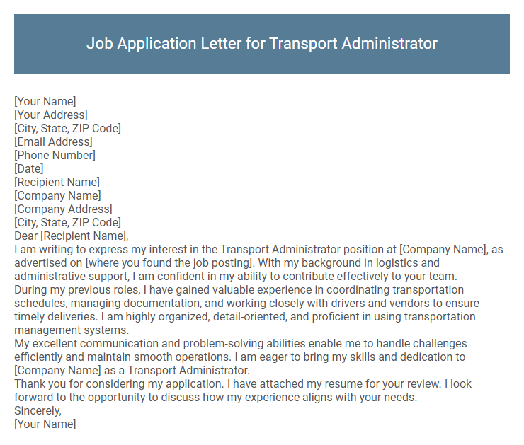 Job Application Letter for Transport Administrator