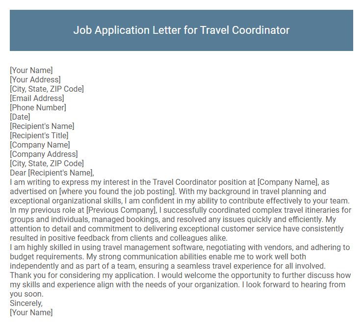 Job Application Letter for Travel Coordinator
