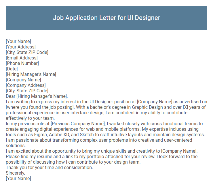 Job Application Letter for UI Designer
