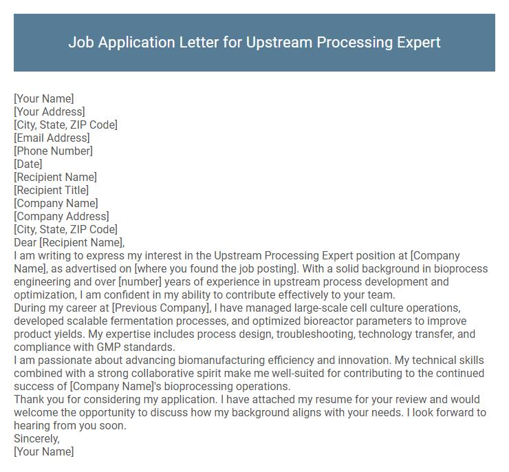 Job Application Letter for Upstream Processing Expert