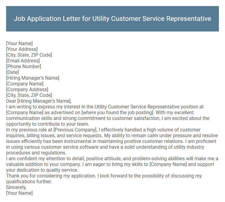Job Application Letter for Utility Customer Service Representative