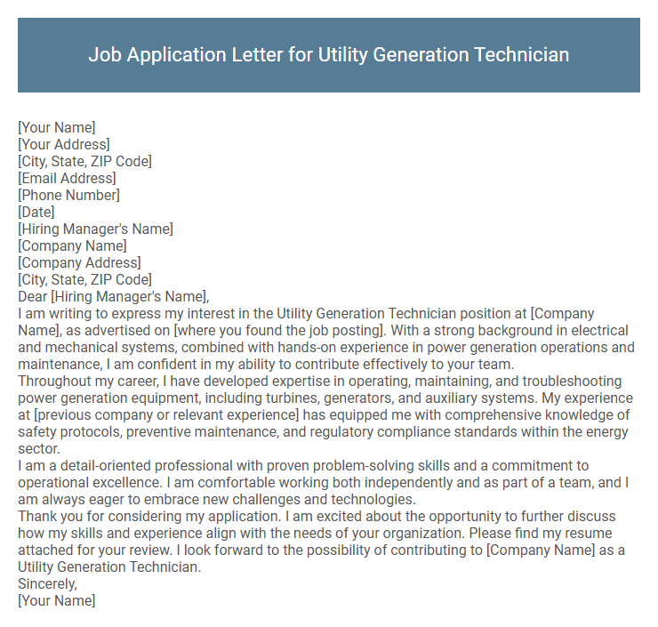 Job Application Letter for Utility Generation Technician