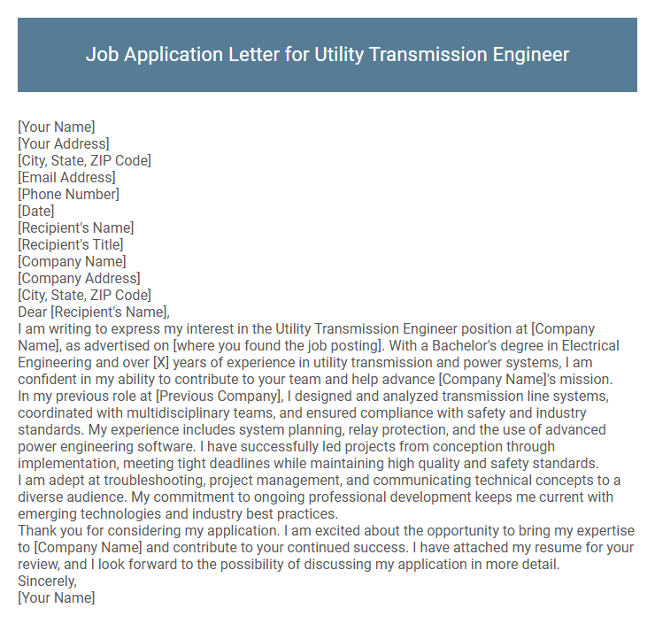 Job Application Letter for Utility Transmission Engineer