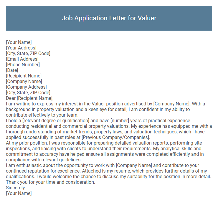 Job Application Letter for Valuer