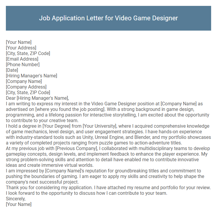 Job Application Letter for Video Game Designer