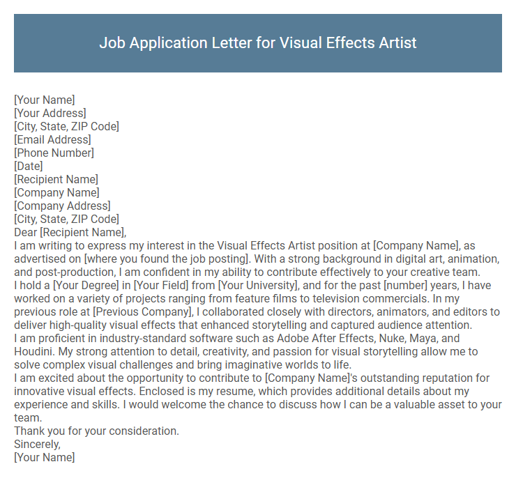 Job Application Letter for Visual Effects Artist