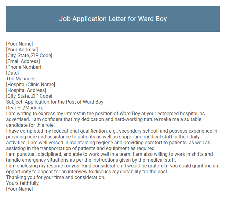 Job Application Letter for Ward Boy