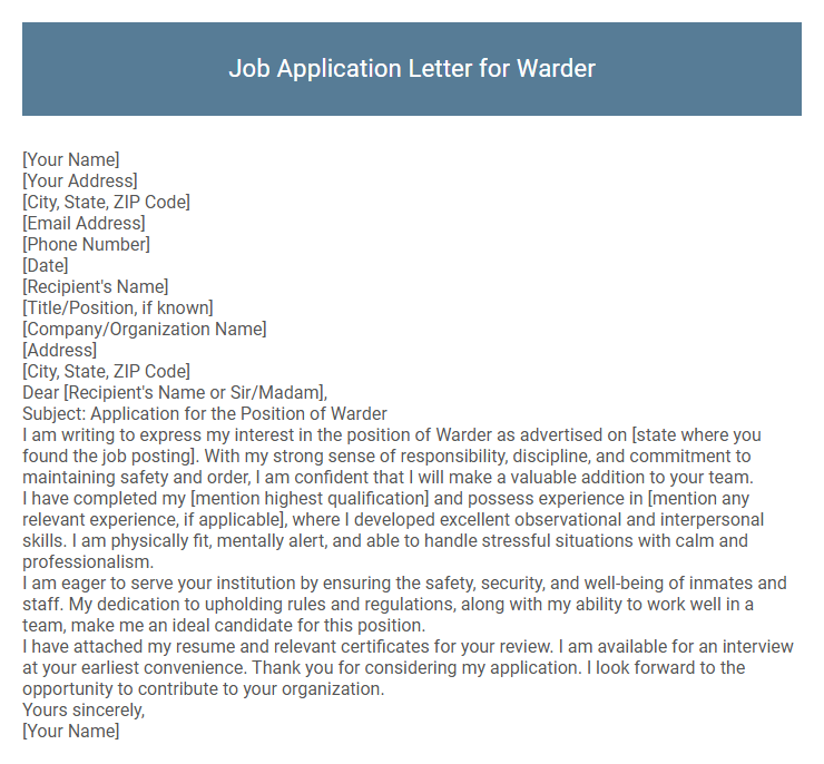 Job Application Letter for Warder