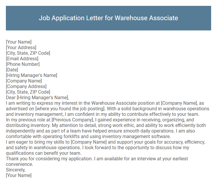 Job Application Letter for Warehouse Associate