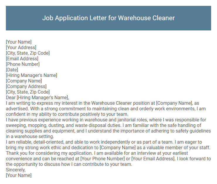 Job Application Letter for Warehouse Cleaner