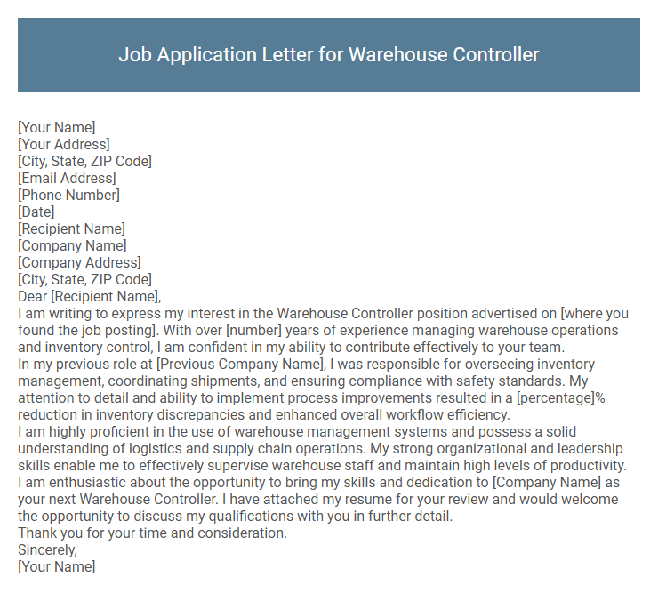Job Application Letter for Warehouse Controller