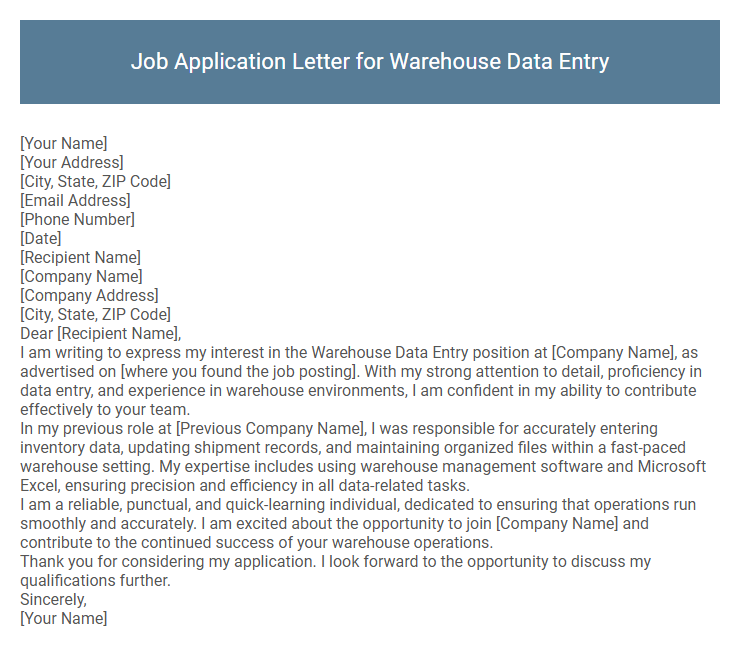 Job Application Letter for Warehouse Data Entry