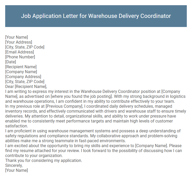 Job Application Letter for Warehouse Delivery Coordinator