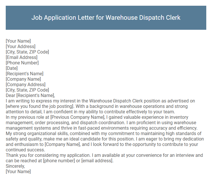 Job Application Letter for Warehouse Dispatch Clerk