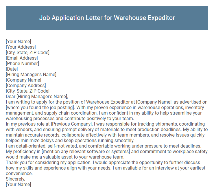 Job Application Letter for Warehouse Expeditor