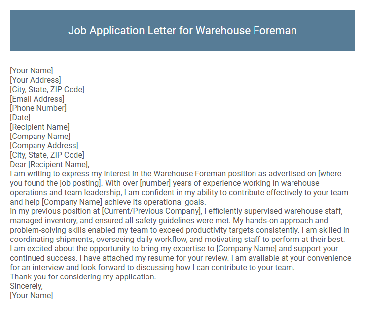 Job Application Letter for Warehouse Foreman