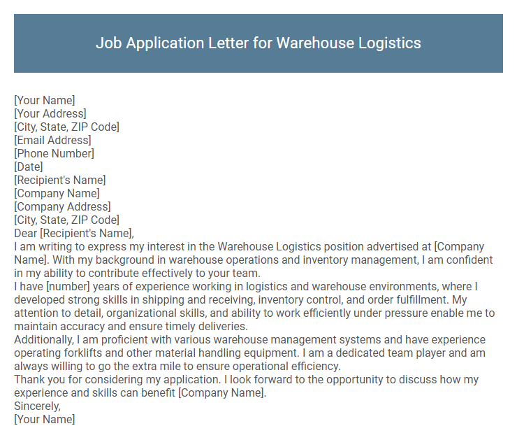 Job Application Letter for Warehouse Logistics