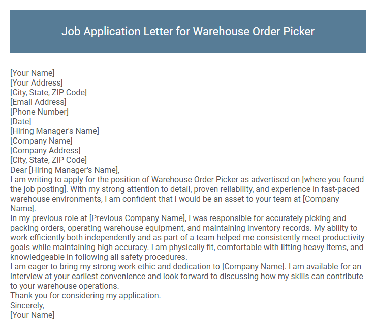 Job Application Letter for Warehouse Order Picker