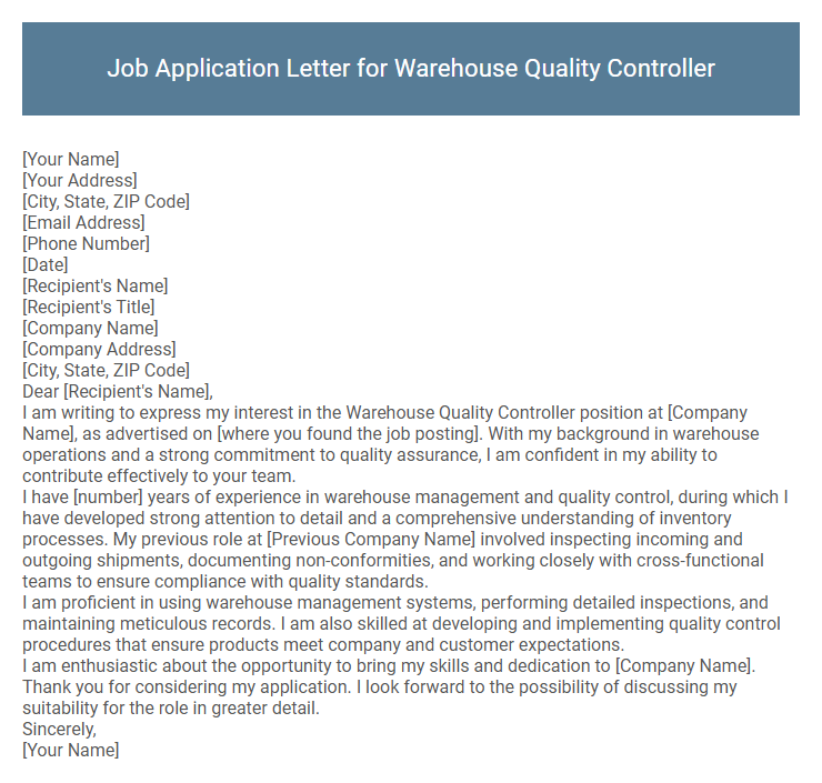 Job Application Letter for Warehouse Quality Controller